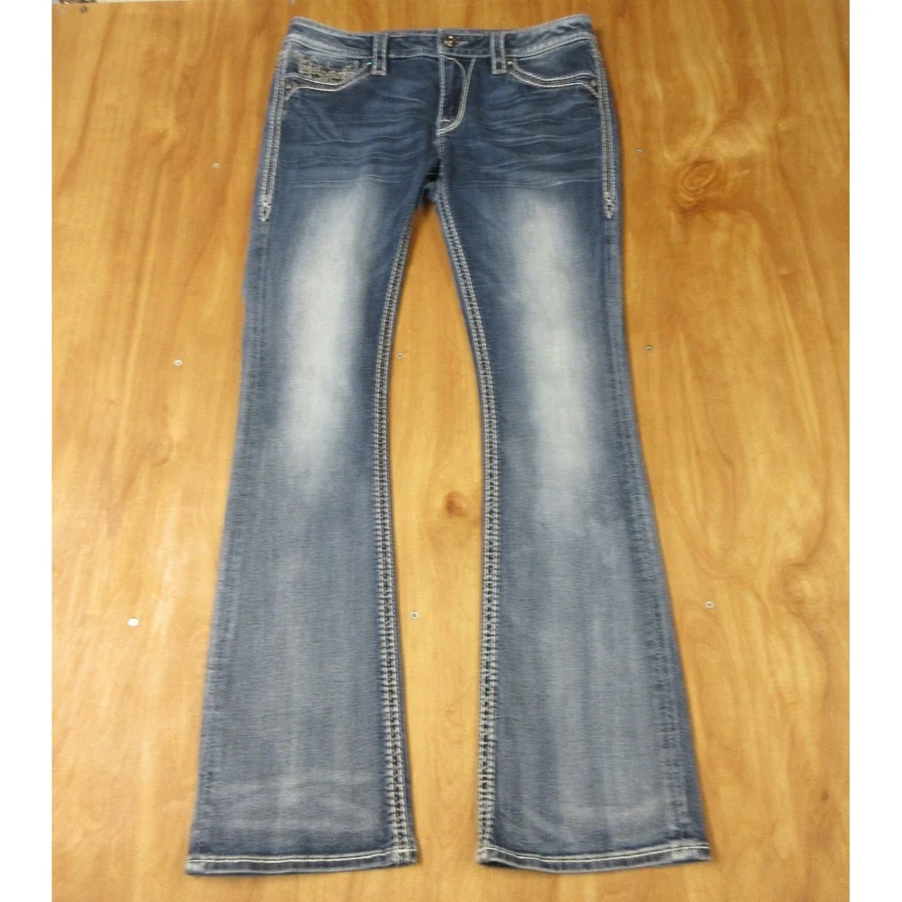 ROCK REVIVAL‎ Nancy Bootcut Jeans Womens 30 Blue Denim Fleur-de-lis Rhinestone